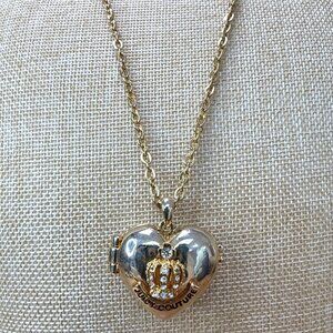 Juicy Couture Gold Heart Locket Necklace With Crown & Rhinestones 18" Chain